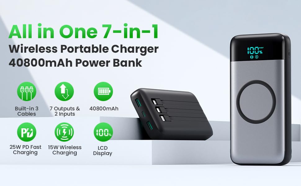 Wireless Portable Charger 40800mAh with 3 Built-in Cables,7-in-1 15W Wireless Charging Power Bank,25W PD QC 4.0 Fast Charging USB C Travel Essentials Battery Pack for iPhone 17/16/15/14,Galaxy,Android
