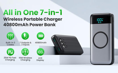 Wireless Portable Charger 40800mAh with 3 Built-in Cables,7-in-1 15W Wireless Charging Power Bank,25W PD QC 4.0 Fast Charging USB C Travel Essentials Battery Pack for iPhone 17/16/15/14,Galaxy,Android