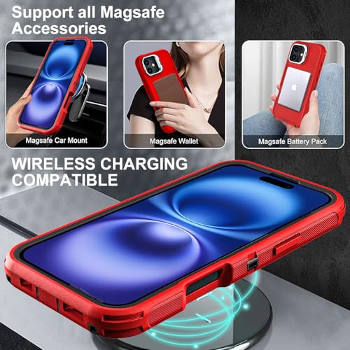 YKHJKLEC for iPhone 16 Case, Military Grade 3 in 1 Heavy Duty Shockproof/Drop Proof/Dust Proof with Kickstand Case, with 2 x Tempered Glass Screen Protector & 1 x Wrist Strap (ZJ-Red/Black) - color: ZJ-Red/Black