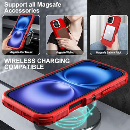 YKHJKLEC for iPhone 16 Case, Military Grade 3 in 1 Heavy Duty Shockproof/Drop Proof/Dust Proof with Kickstand Case, with 2 x Tempered Glass Screen Protector & 1 x Wrist Strap (ZJ-Red/Black) - color: ZJ-Red/Black