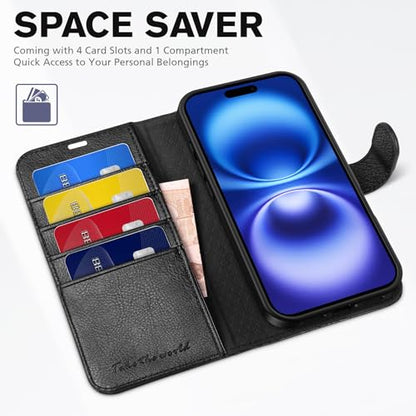 TUCCH Case Wallet for iPhone 16 (6.1"), RFID Blocking Folio, Textured Black | 4 Card Holders, Kickstand, PU Leather, Magnetic Closure, Shockproof TPU Shell, Protective Flip Cover - color: Textured Black