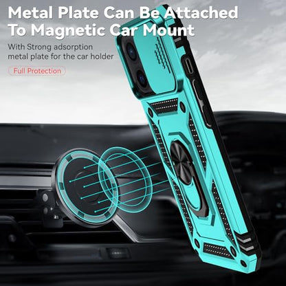 for iPhone 12 Mini Case with Camera Lens Cover HD Screen Protector, Dual Layer Military Grade Drop Protection Magnetic Ring Holder Kickstand Protective Phone Case for iPhone 12 Mini 5.4 inch (Mint) - color: Mint with camera cover Military-Grade 2nd gen