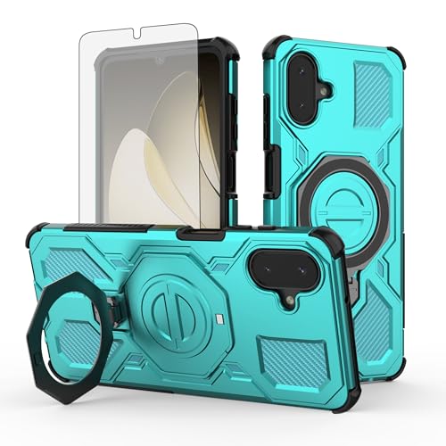 Asuwish Phone Case for Samsung Galaxy A07 4G with Tempered Glass Screen Protector Cover and Magnetic Ring Holder Kickstand Protective Hard Mobile Hybrid Cell Accessories AO7 A 07 Women Men Teal