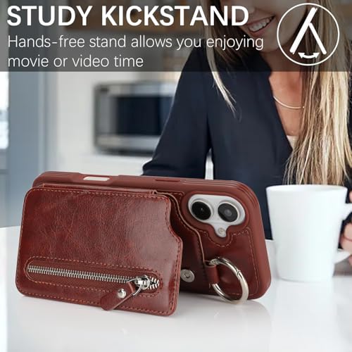 Ｈａｖａｙａ for iPhone 16 case Wallet with Card Holder for Women Men Shockproof Phone case with Keychain Ring Stand Leather Zipper Credit Card Slots-Deep Brown - color: Deep Brown-Ring