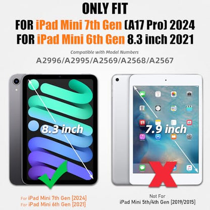 SEYMAC stock Case for iPad mini 7 (A17 Pro) 2024/ Mini 6 8.3'' with Screen Protector Pencil Holder [360 Rotating Hand Strap] &Stand, Drop-Proof Case for iPad mini 7th/6th Generation 8.3", Black - color: Black