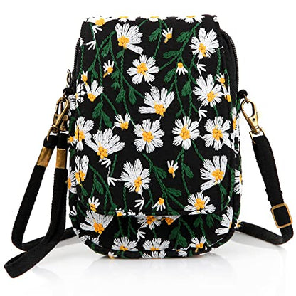 SILKAREA Embroidered Cute Mini Crossbody Bag for Women Small Handbags Wristlet Wallet Bag Cell-phone Pouch Coin Purse - color: Chamomile White