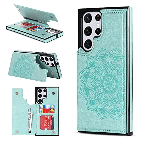 PASNEW S22 Ultra Case Wallet Card Holder,6.8 inch,Green | Card Holder, Floral Double Magnetic, PU Leather, Kickstand, Flip Cover - color: Green, size: S22Ultra【6.8"】