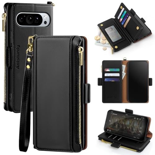 Antsturdy Compatible with Google Pixel 9 5G Wallet Case with Card Holder Women Men,Pixel 9 Pro Phone Case PU Leather Flip Protective Cover Wrist Strap Zipper Credit Card Slots RFID Blocking,Black - color: Black