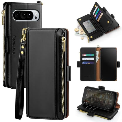 Antsturdy Compatible with Google Pixel 9 5G Wallet Case with Card Holder Women Men,Pixel 9 Pro Phone Case PU Leather Flip Protective Cover Wrist Strap Zipper Credit Card Slots RFID Blocking,Black - color: Black