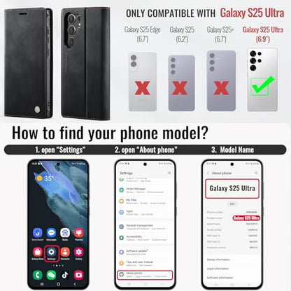 for Samsung Galaxy S25 Ultra 2in1 Detachable Wallet Case, Black | Compatible with Magsafe, Magnetic, RFID Blocking Card Holder, Shockproof, Kickstand, Wireless Charging, PU Leather Flip Cover - color: Retro Black, size: Galaxy S25 Ultra - 6.9"