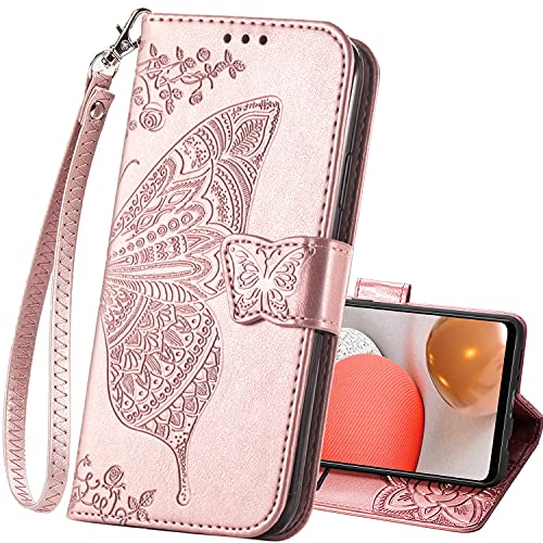 Wallet Case for Samsung Galaxy A03s with Card Holder Rose Gold | PU Leather Flip Phone Cover,Wrist Strap,Woman Man Purse,Emboss Butterfly Flower,Stand,Shockproof TPU Shell, Magnetic Closure - color: B Rose Gold