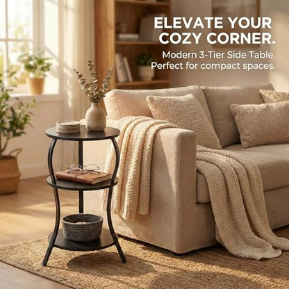 YEAKOO Small Round Side Table,3-Tier Slim Waist End Table for Small Spaces - color: Black, style: Classic