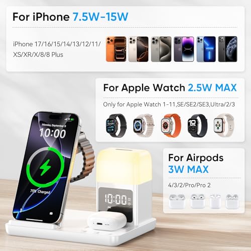 6 in 1 Wireless Charging Station with Clock & Night Light，Alarm Clocks for Bedrooms,Wireless Charger Stand with Beside Clock for iPhone 18/17/16/15/14/13/12 Pro Max, Apple Watch,Airpods (White) - color: White