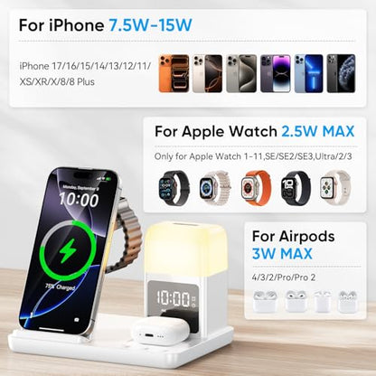6 in 1 Wireless Charging Station with Clock & Night Light，Alarm Clocks for Bedrooms,Wireless Charger Stand with Beside Clock for iPhone 18/17/16/15/14/13/12 Pro Max, Apple Watch,Airpods (White) - color: White