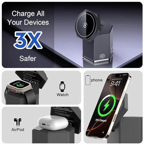 QFUP 5 in 1 Charging Station for Apple iPhone MagSafe Charger, Fast Wireless Charger Stand (1*USB and 2*Type-C) for iPhone 16,15,14,13,12 Series, Apple Watch, AirPods