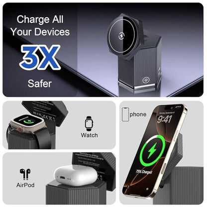 QFUP 5 in 1 Charging Station for Apple iPhone MagSafe Charger, Fast Wireless Charger Stand (1*USB and 2*Type-C) for iPhone 16,15,14,13,12 Series, Apple Watch, AirPods