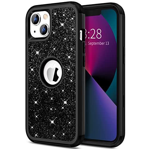 Hython Case for iPhone 13 Case Glitter, Cute Sparkly Shiny Bling Sparkle Cover, Heavy Duty 3 in 1 Hybrid Hard PC Soft TPU Bumper Full Body Shockproof Protective Phone Cases for Women Girls, Black - color: Black
