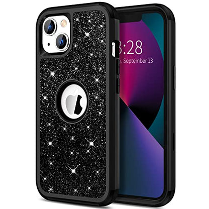 Hython Case for iPhone 13 Case Glitter, Cute Sparkly Shiny Bling Sparkle Cover, Heavy Duty 3 in 1 Hybrid Hard PC Soft TPU Bumper Full Body Shockproof Protective Phone Cases for Women Girls, Black - color: Black