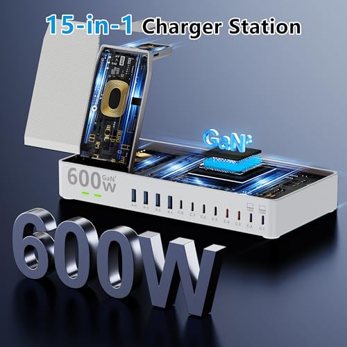 600w Charging Station for Multiple Devices, 15 in 1 Wireless Charging Station for Apple, Dual 100w USB C Tablet Charging Station for MacBook,iPhone,iPad,Tablet (White)