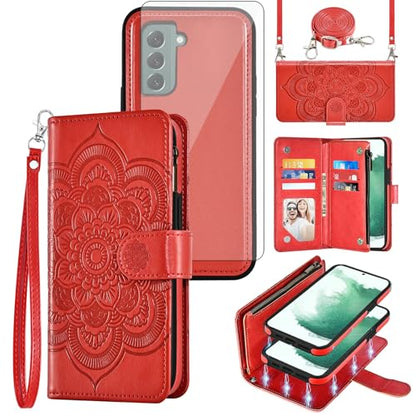 Asuwish Phone Case for Samsung Galaxy S22 5G Zipper Wallet Detachable Cell Cover with Tempered Glass Screen Protector Crossbody Lanyard Strap Flower Card Holder S 22 22S 4G G5 6.1 inch Women Girls Red - color: Red