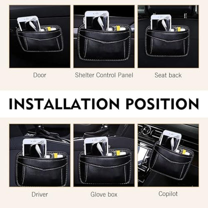 Car Seat Side Pocket Organizer, Black PU Leather Mini Auto Seat Storage Bag, Pen Phone Holder Tray Pouch Vehicle Seats Gap Filler, Universal Organize for Documents Registration Notepad