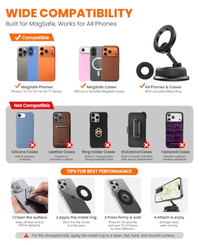 Magnetic Car Phone Holder for Dashboard, MagSafe Car Mount, Nano Gel Suction Car Phone Mount, Foldable Automotive Dashboard Phone Holder, 360° Rotatable for iPhone 18 17 16 15 14 13 12 Series - color: Black