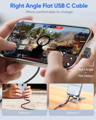 90 Degree USB C Cable 1FT, 60W Right Angle USB C Cable (Flat) - size: 1FT