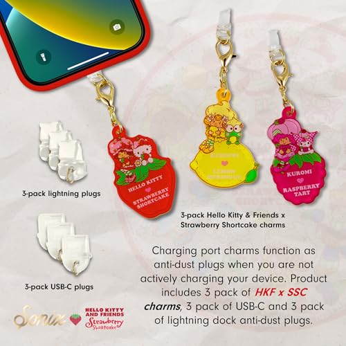 Sonix x Sanrio x Strawberry Shortcake Dust Plugs - USB C + Lightning Compatible - Character Charging Port Charms (3 Pack) - Strawberry, Lemon, Raspberry - color: Sanrio x Strawberry Shortcake - Strawberry, Lemon, Raspberry