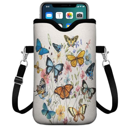 Universal Phone Sleeve Pouch with Crossbody Strap 7.6 X 4.3 Inches Shockproof Water Resistant Mobile Protection Bag-Butterfly Wildflower Neoprene Phone Pouch Bag - color: Butterfly Wildflower-Phone Pouch