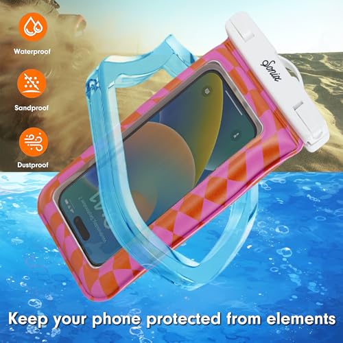 Sonix Waterproof Phone Pouch - Floating Phone Case Dry Bag w/Crossbody Lanyard - Beach Cruise Travel Essentials - Compatible w/All Devices, Touchscreen Friendly | Checkmate Pink/Orange - color: Checkmate Pink/Orange