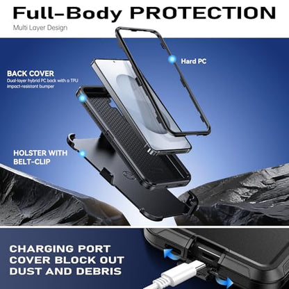 DUEDUE for Samsung Galaxy S25 Case, Phone Case for Samsung S25 with Belt Clip Holster Shockproof 3-Layer Heavy Duty Full Body Protective Rugged Phone Cases Cover for Galaxy S25 6.2", Black - size: for Samsung S25 6.2"