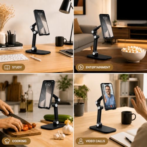 Phone Stand,(3 Cable Organizers for Desk),Set, Adjustable Phone Stand, Tablet Holder, Height & Angle Adjustable, Anti-Slip Base for Smartphones, Compatible with iPhone 17/16/15/14/13 & Android