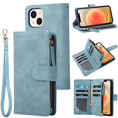 RANYOK Wallet Case Compatible with iPhone 13/14 (6.1 inch), Premium PU Leather Zipper Flip Folio Wallet RFID Blocking with Wrist Strap Magnetic Closure Built-in Kickstand Protective Case (Baby Blue) - color: Baby Blue
