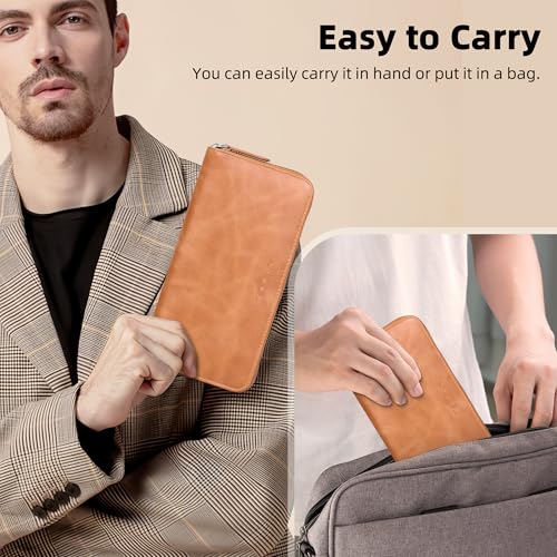 VISOUL Leather Long Zipper Pouch Wallet for Men and Women with RFID Blocking, Large Clutch Cash Long Wallet with Zipper (Tan) - color: Tan