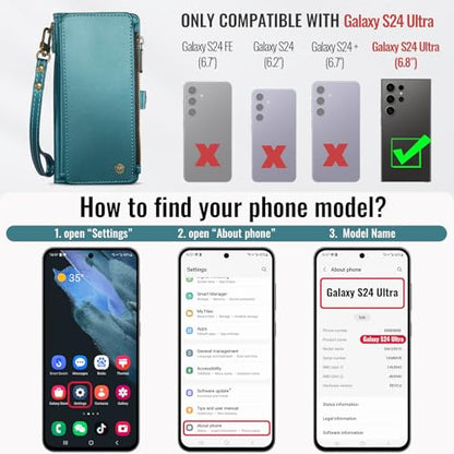 Defencase for Samsung Galaxy S24 Ultra Wallet Case with Card Holder, Green | Durable PU Leather, with RFID Blocking Zipper Pocket, Wrist Strap, S24 Ultra Flip Phone Cases Cover with Stand for Women Men - color: Blue Green