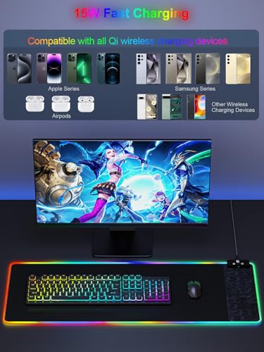 Mouse Pad with Wireless Charging, Large Desk Mat RGB Gaming Mousepad, 10 Light Colors LED Gaming Pad Keyboard Pad with Ultra-Smooth Surface & Non-Slip Rubber Base, Waterproof Full Desk Mouse Pad - color: 31.5x11.81"-Black Right w/PD Charger