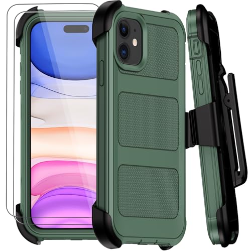 for iPhone 11 Case with Belt Clip Holster,Anti-Drop Shockproof Bumper Phone Cases w/2x Screen Protectors & Kickstand,Rugged Heavy Duty Military Grade Protective Defender Cover (Dark Green) - color: Dark Green W/Belt Clip