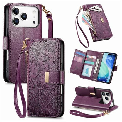 for iPhone 17 Pro Phone Case Wallet, Purple | Built-in Card Holder (8-10 Cards), Zipper Pocket, Wrist Strap, Stand Kickstand, Flower PU Leather Protective Phone Case Women - color: Purple, size: iPhone 17 Pro