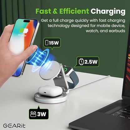 GEARit 3-in-1 Wireless Charging Station - Magsafe Compatible Charger Stand for Phone, Watch, Earbuds iPhone 14, 15, 16, 16 Pro, Pro Max, Apple Watch, Airpods, Samsung Galaxy and Multiple Devices