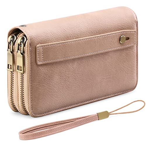 GAEKEAO RFID Leather Wristlet Wallet for Women with Grip Strap | Large capacity clutch wallet, credit card holder, wrist strap, zipper purse, travel and shopping - color: A10 Retro Light Pink-1
