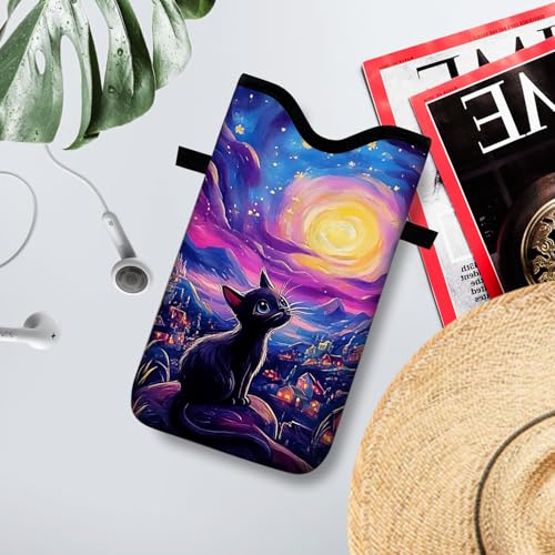 Neoprene Cell Phone Sleeve Pouch Case Bag with Crossbody Strap Neck Lanyard for Women 7.1 X 3.9 in Cat Sky - color: Cat Sky
