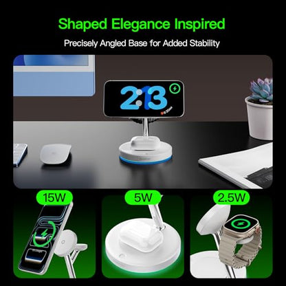 3 in 1 Mag-Safe Wireless Charger Stand for iPhone Apple Watch AirPods - color: White