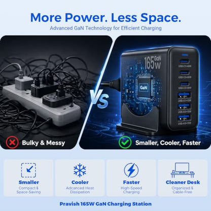 165W GaN Charging Station, 6-Port Desk Charging Station, Black - color: Black