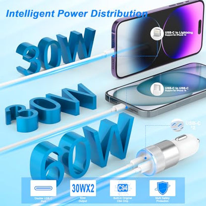 iPhone Car Charger Fast Charging, 60W Car Charger+Two Types of Cables, 2PCS