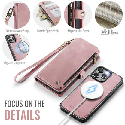 Defencase for iPhone 13 Pro Case Wallet Compatible with Magsafe, Rose Pink | Drop-Proof Magnetic Detachable Phone Cases Cover, with RFID Bolcking Card Holder, Zipper Strap, PU Leather, Removable Wallet - color: (Detachable with Magsafe)-Pink