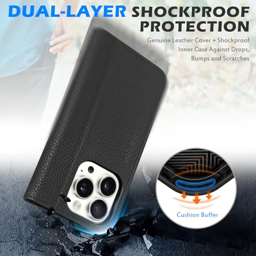 SHIELDON Genuine Leather Wallet Case for iPhone 16 Pro 6.3", Pebbled Black | Magnetic Closure, RFID Blocking, Credit Card Holder, Viewing Stand, Folio Design, Shockproof Protective Cover - color: Pebbled Black