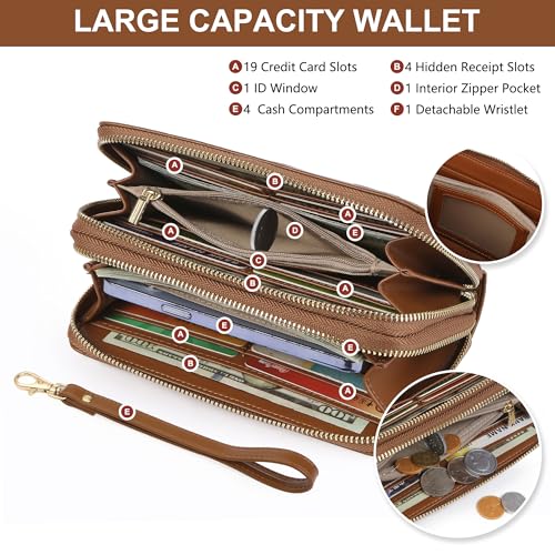 yiijay Womens Wallet RFID Blocking Large Capacity Vegan Leather Double Zip Wristlet Wallet Card Holder Travel Ladies Clutch - color: Brown