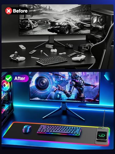 Wireless Charging Mouse Pad Gaming, 31.5"x11.8" Large Desk Mat, Waterproof - color: RGB-31.5"x11.8"-Right