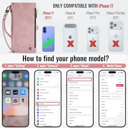 Defencase for iPhone 17 Wallet Case with RFID Blocking Card Holder, Pink | Durable Soft PU Leather, with Zipper Pocket, Wrist Strap, Fashion Snap Flip Phone Cases Cover with Stand for Women and Men - color: Rose Pink