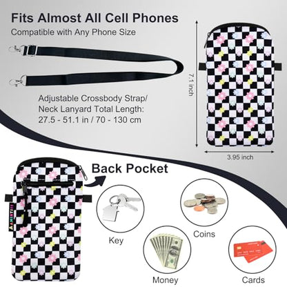 Lanyard Phone Holder Pouch, Phone Bag with Pocket for iPhone & Samsung - color: Checkerboard&Daisy